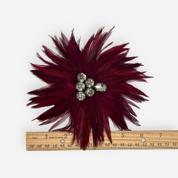 Chico's Red Burgundy Feather Brooch Rhinestone Fascinator Flower Floral Magnet - Picture 4 of 4